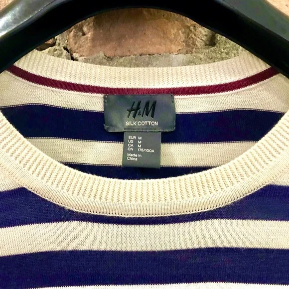 H&M Men's Fine Knit Nautical Striped Silk Sweater Medium - Picture 6 of 13